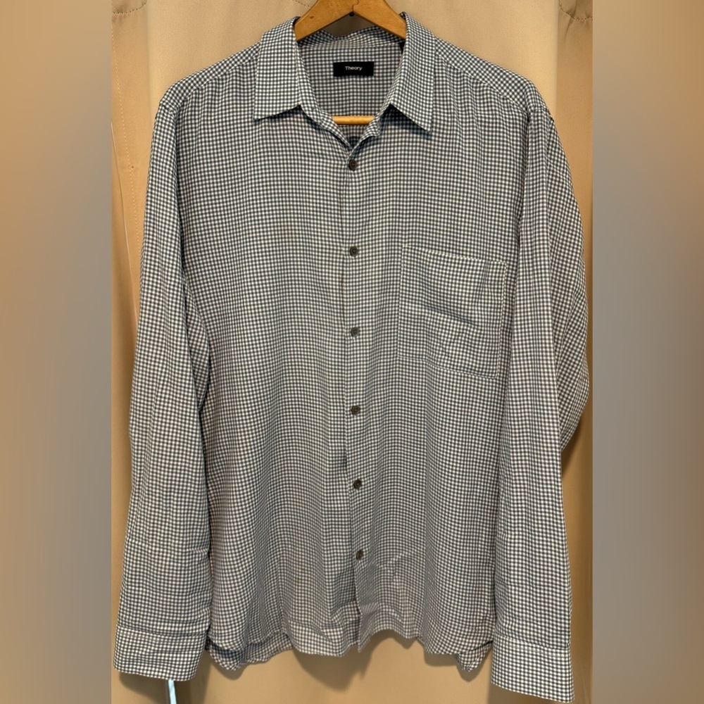 Theory Irving Brushed Gingham Shirt XL Blue Cotton Button Down